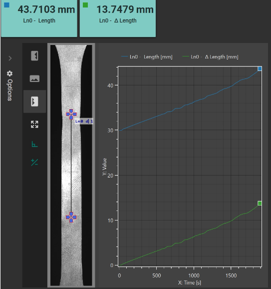 virtual DIC video-extensometer - sample just before fracture