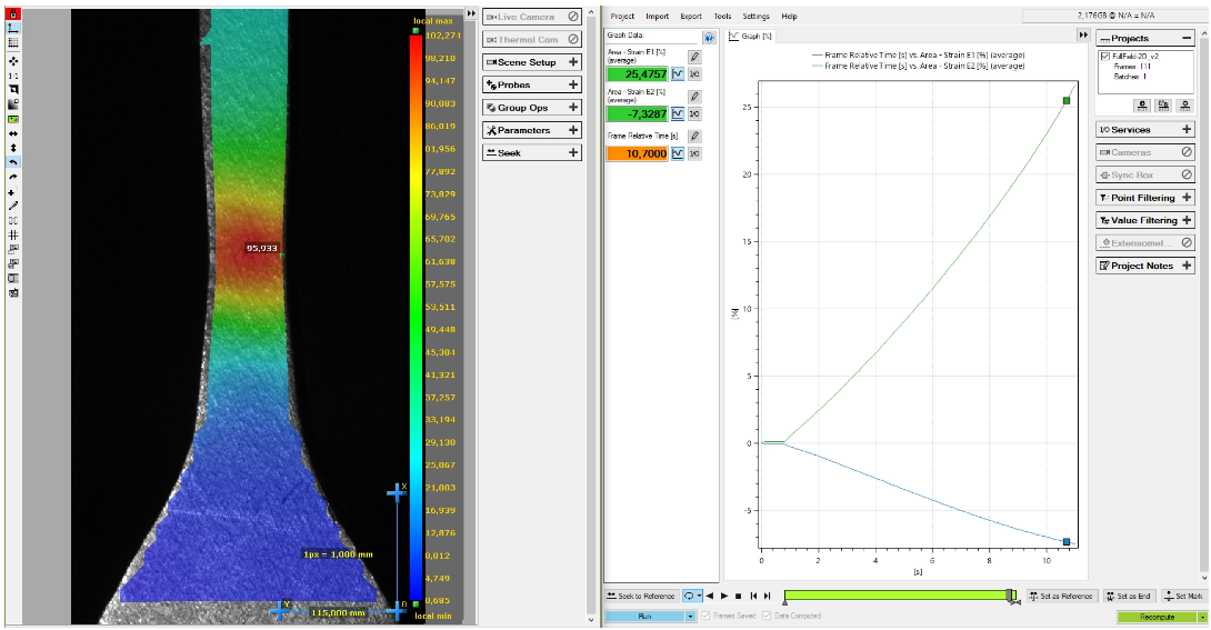 DIC video extensometer - deformation field and extension / contraction